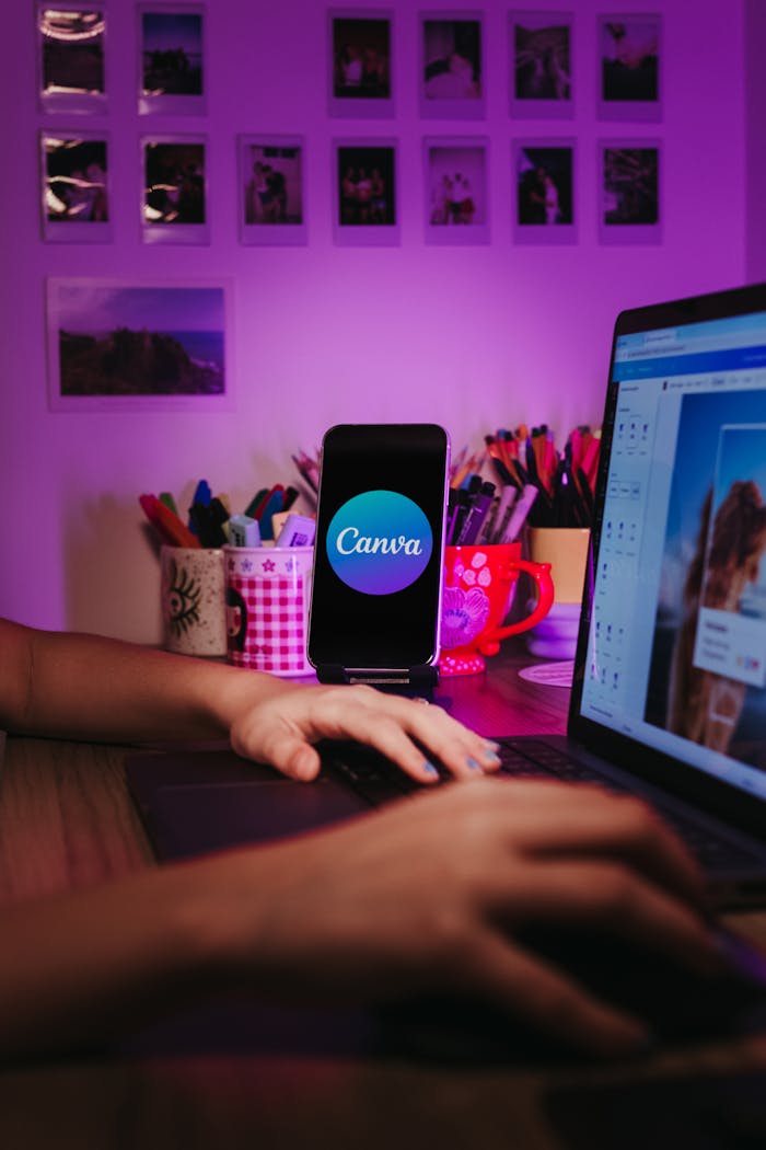 product-07 A creative home workspace with a laptop and smartphone displaying Canva, showcasing a vibrant, organized desk setup.