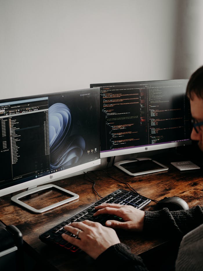 product-06 A man working on website design and coding at a home office with a dual monitor setup.